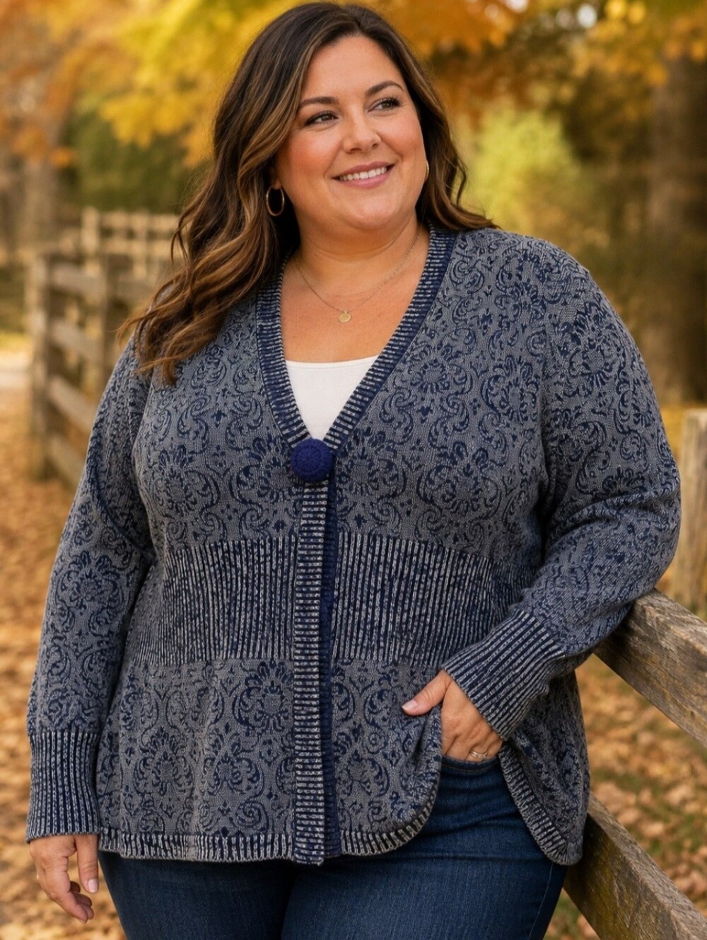 NorthStyle Size 3X Blue Knit Cardigan Button Paisley Ramie Cotton Fall Winter